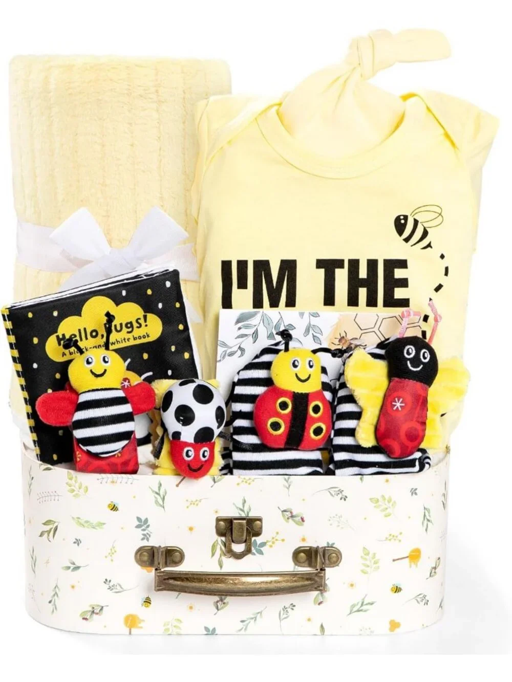 Newborn Baby Gift Set - Bee Shower Basket, Rattle, Blanket, Socks & Onesie